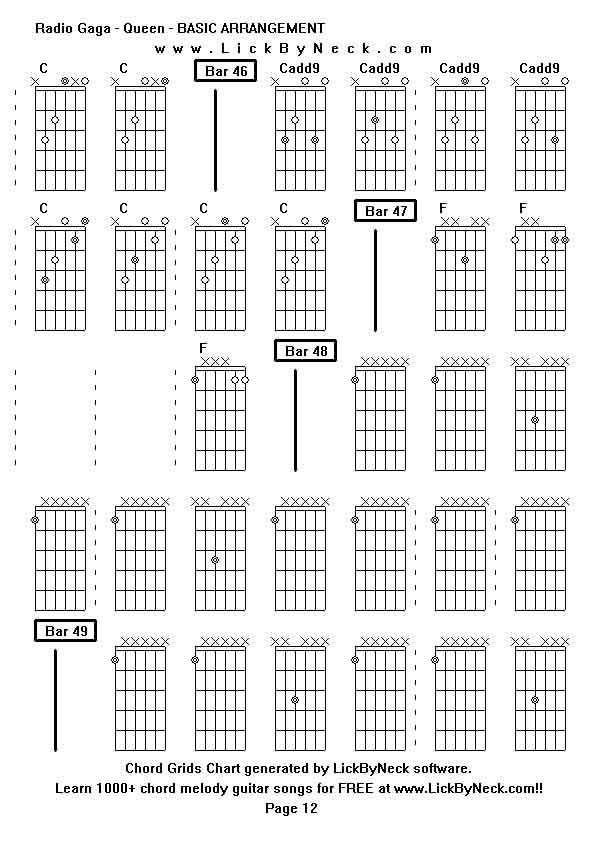 Chord Grids Chart of chord melody fingerstyle guitar song-Radio Gaga - Queen - BASIC ARRANGEMENT,generated by LickByNeck software.